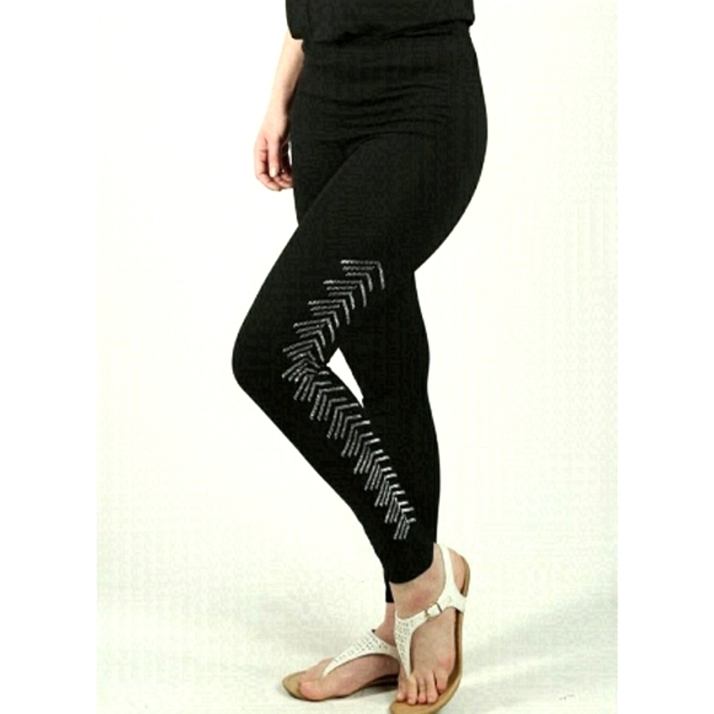 SOLID Black Rhinestone Embellished Full Length Leggings Size Large NWT